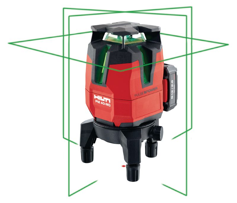PM 40-MG 다방향 라인 레이저 배관, 레벨링, 정렬 및 스퀘어링 작업을 지원하는 3개의 녹색 라인이 있는 다방향 라인 레이저